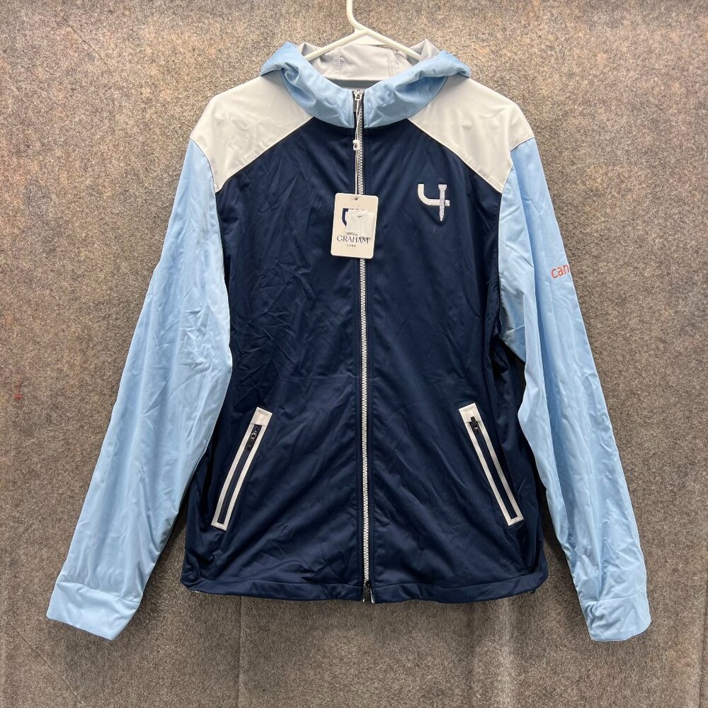 Graham Luxe Hooded Jacket Men Medium Navy Blue Light Gray Windbreaker Full Zip